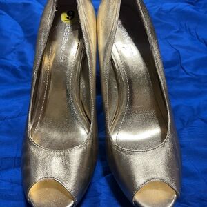 BCBGeneration Gold Metallic Peep-Toe Heels